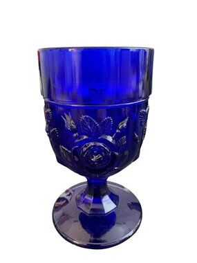Imperial Glass Indigo Blue Flower Fair Wild Rose Footed Glass